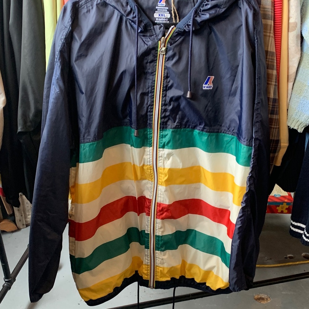 K-Way Men's Striped Windbreaker Jacket - Navy, Green, Yellow, Red, White